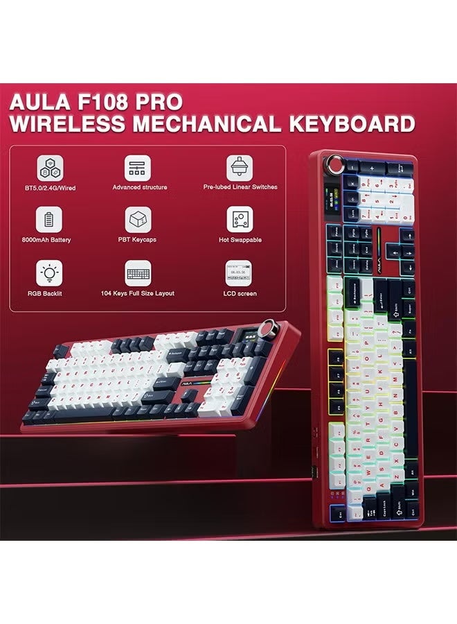 أولا AULA F108 PRO - لوحة مفاتيح ميكانيكية لاسلكية مع شاشة ومقبض، لوحة مفاتيح كاملة الحجم مع بطارية 8000 مللي أمبير في الساعة، مفاتيح مُشحمة مسبقًا، أغطية مفاتيح PBT مطبوعة على الجانب، لوحات مفاتيح ألعاب مخصصة قابلة للتبديل السريع بإضاءة خلفية RGB - Image 4